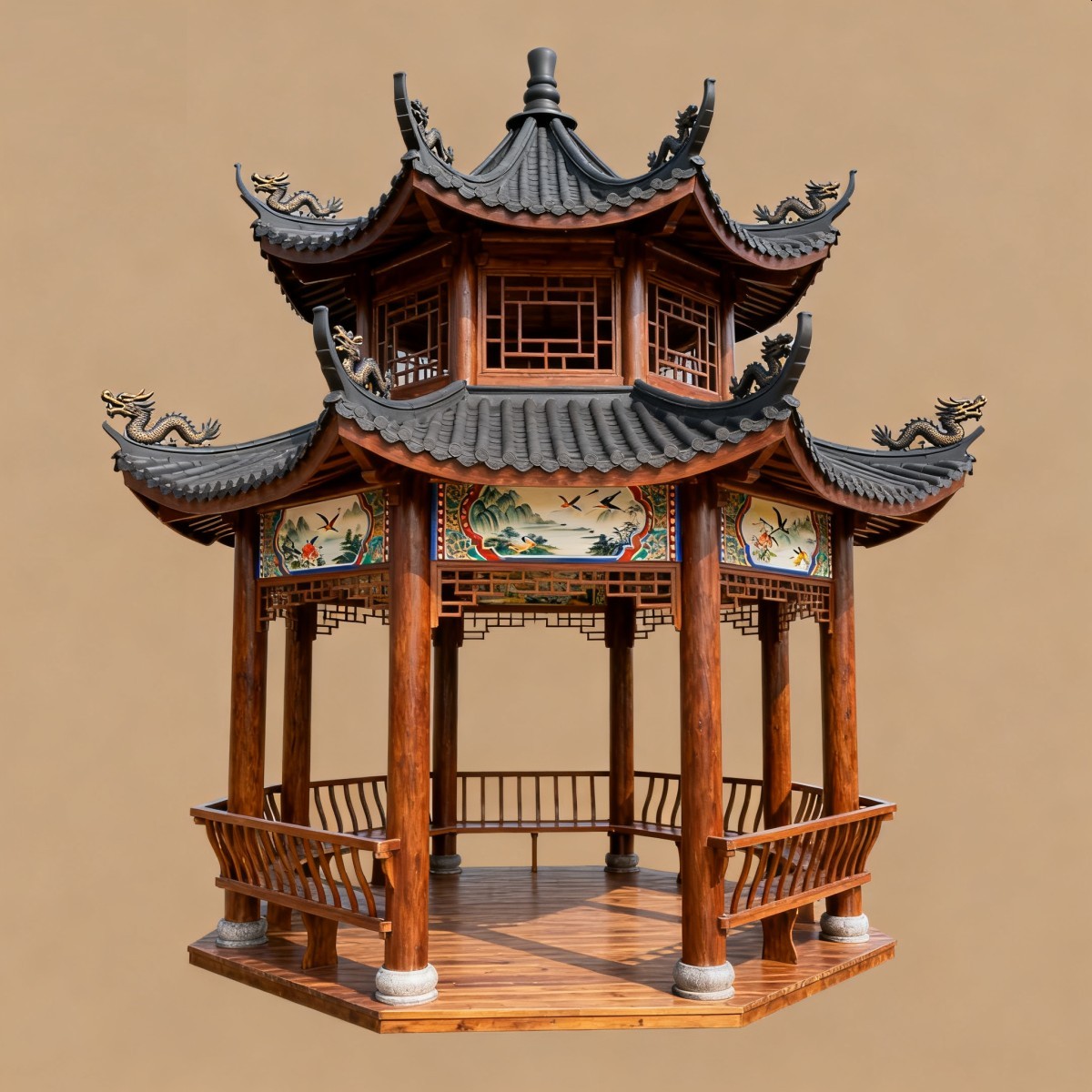 山东仿古风格防腐木凉亭,实木凉亭,木亭